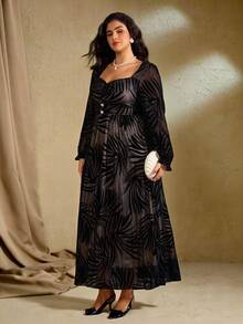 Roveilla Robe longue élégante à col carré vintage pour femmes grandes tailles, tenue de soirée - Noir - Voir 1