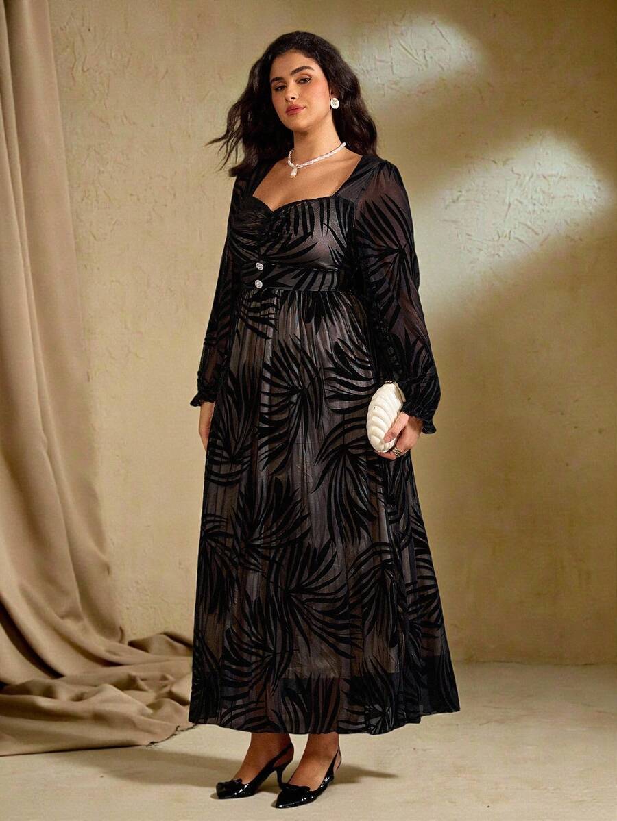 Roveilla Robe longue élégante à col carré vintage pour femmes grandes tailles, tenue de soirée - Noir - Voir 1