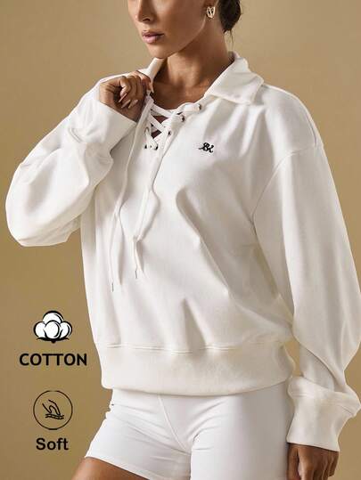 Briarwyn Áo sweatshirt nữ tay dài kiểu dáng thường ngày, đa năng, dây chéo, thêu chữ, thích hợp cho mùa thu, áo len mùa thu, áo sweatshirt trắng phong cách cổ điển dành cho nữ.