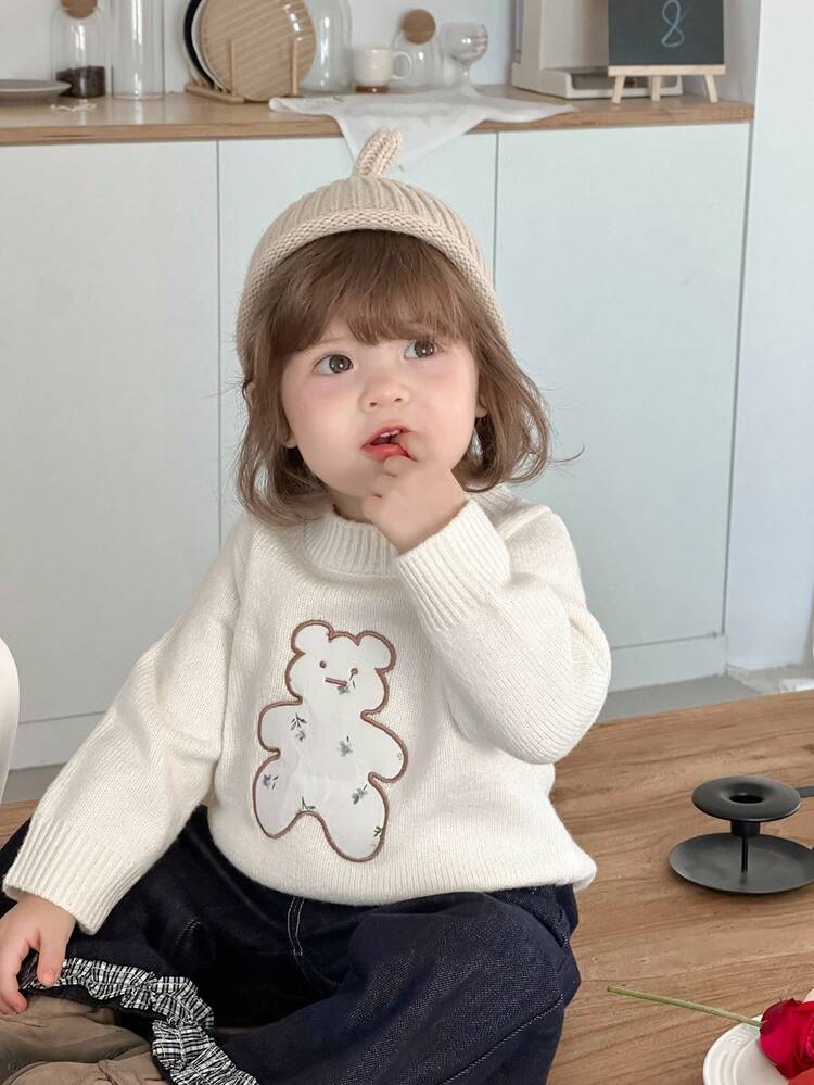 Baby Girl Cartoon Bear Crew Neck Long Sleeve Sweater, Korean Style Fall, Winter Toddler Girls Clothes