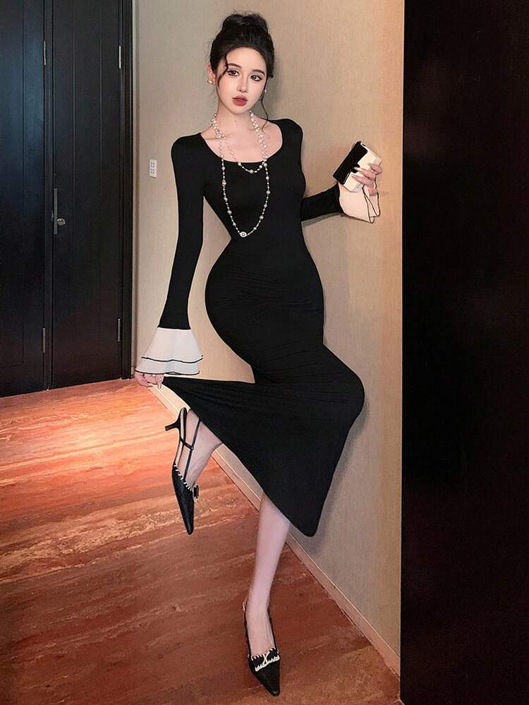 Autumn/Spring & Summer Hollow Lace Patchwork Waist Fitted Bodycon Mermaid Hem Dress, Sexy Party Wedding Banquet Formal Gown, Fashion Flare Sleeve Ruffle Hem Midi Dress For Women