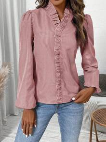 EMERY ROSE Women's Casual Shirt With Ruffle V-Neck And Lantern Sleeves