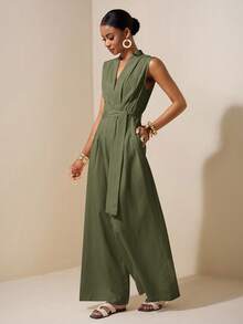 Zivah 2025春夏新款杏色无袖不对称褶皱腰带纹理亚麻连体裤-B优雅连体裤阔腿连体裤女款连体裤无袖连体裤绿色连体裤女款 - 軍綠色 - 查看 3