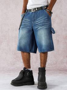 Manfinity EMRG 男士休闲水洗宽松牛仔短裤 - 藍色 - 查看 5