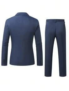 Manfinity Mode Bộ vest công sở tay dài hai hàng khuy màu tương phản dành cho nam - Màu xanh hải quân - Xem 2