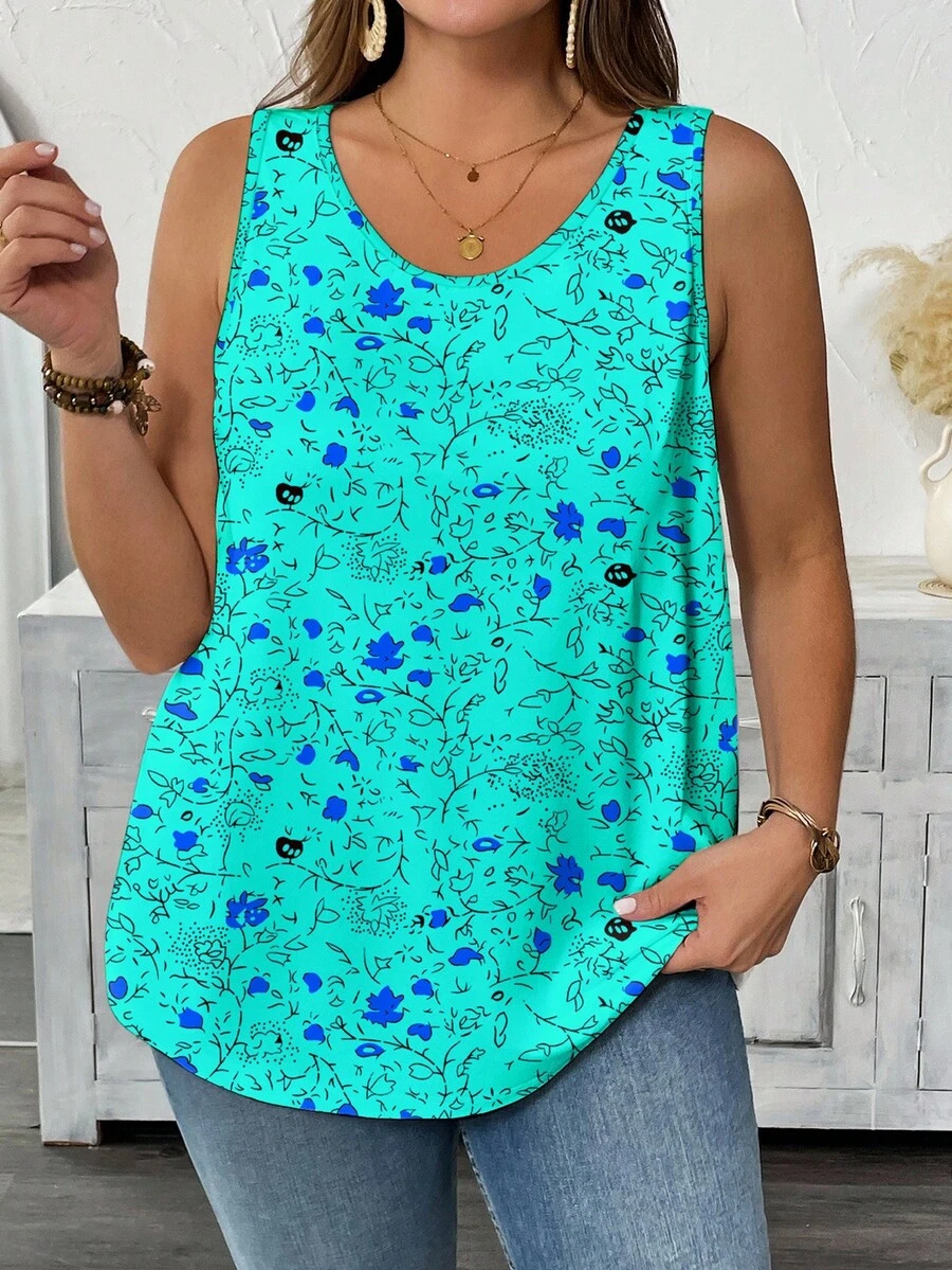 大码女式碎花背心图案T恤女式上衣