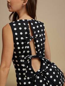 WESTFADE Black And White Polka Dot 100% Cotton Poplin Bow Tie Back Cut Out Sleeveless Top & High Waist Mini Skirt Women 2 Pieces Set,Autumn,Classy,Tea Party - Multicolor - View 3