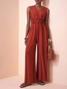 Zivah New Styles For Early Autumn, Autumn And Summer, Daily Dates, Commuting, Business, Ladies, Elegant Beach, Cruise, Parties, Simple, Popular, Birthday Parties, High-End Parties, Casual Vacations, V-Neck, Sleeveless, Waist Pleated, Diamond-Shaped Pattern Design, Woven Pattern Design, Side Pockets, Wide-Leg Pants, Super Long Pants, Orange-Red Woven Fabric, Women's One-Piece Pants -A - Rust Brown - View 6