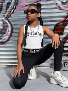 SHEIN Tween Girls' Letter Knit Waistband Casual Slim Fit Knit Pants Black Leggings - Black - View 4