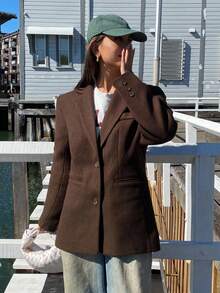 DAZY 女士休闲复古翻领中长款大衣，秋冬外套 - 咖啡棕 - 查看 5