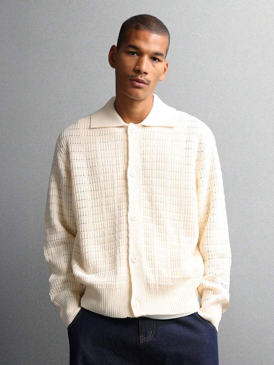 SUMWON Oversized Button Down Crochet Knit Long Sleeve Cardigan Winter Fall Casual Daily Wear Chunky Pattern Regular Length Knitwear