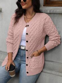 Plus Size Women Solid Color Knit Button Front Casual Cardigan, Pink - Dusty Pink - View 7