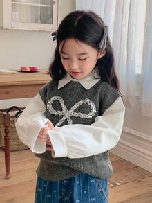 DAZY 少女系可爱蝴蝶结针织毛衣，秋冬 - 灰色 - 查看 7