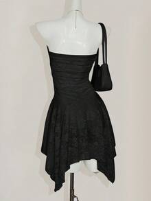 SHEIN ICON Lace Ruched Asymmetrical Hem Bandeau Mini Dress,Dresses For Women Party - Black - View 2