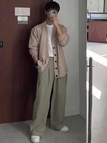 DAZY 男士纯色松紧腰口袋阔腿宽松休闲裤，秋季 - 薄荷綠 - 查看 4