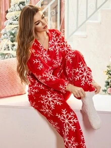 SHEIN 圣诞图案抓绒V领长袖上衣和裤子女士睡衣套装，冬季红色两件套睡衣，适合冬季和秋季穿着，蓬松舒适 - 紅色 - 查看 4