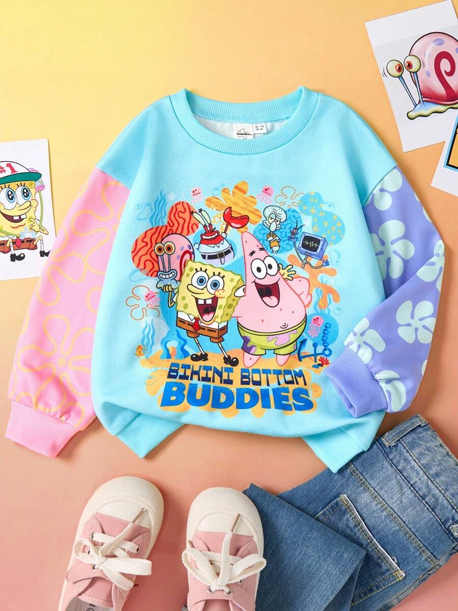 SpongeBob SquarePants | SHEIN 年轻女孩休闲户外卡通图案圆领长袖宽松针织卫衣，秋冬 - 薄荷藍 - 查看 1