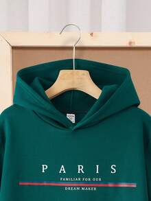 SHEIN Conjunto de sudadera con capucha y pantalones de chándal para adolescentes, estilo escolar casual, cómodo y de moda, versátil, tela suave, adecuado para uso diario, escuela, salidas, deportes al aire libre, otoño/invierno, vuelta al colegio, adecuado para vacaciones - Verde Oscuro - Ver 5