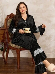 Côtesoire Bộ đồ ngủ tay dài nhung đen cỡ lớn thanh lịch kèm quần dài tay có viền ren, đồ ngủ bằng polyester trơn bằng nhung Bộ đồ ngủ Bộ đồ ngủ cho nữ Bộ đồ ngủ màu đen Đồ ngủ màu đen, Quần áo thu đông - màu đen - Xem 3