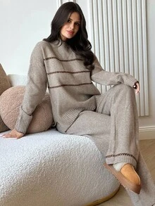 Firerie Women's Casual Loose Contrast Color Knit Sweater Set, Long Sleeve Round Neck Top And Pants Set, Suitable For Spring, Autumn And Winter, Contrast Color Trim Knit Suit, Spring, Autumn And Winter Clothing, Commuting, Elegant, Casual Daily, Work Outfit,Fall - Khaki - View 6
