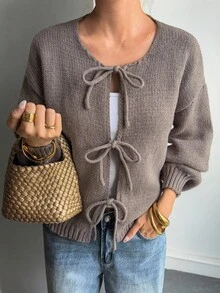 Livesso Áo len nữ buộc dây trang trí thường ngày mùa thu - Volcanic Gray - Xem 3