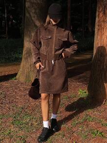 DAZY Women's Casual Corduroy Long Sleeve Jacket With Pockets And Straight Skirt Two Pieces Set, Autumn