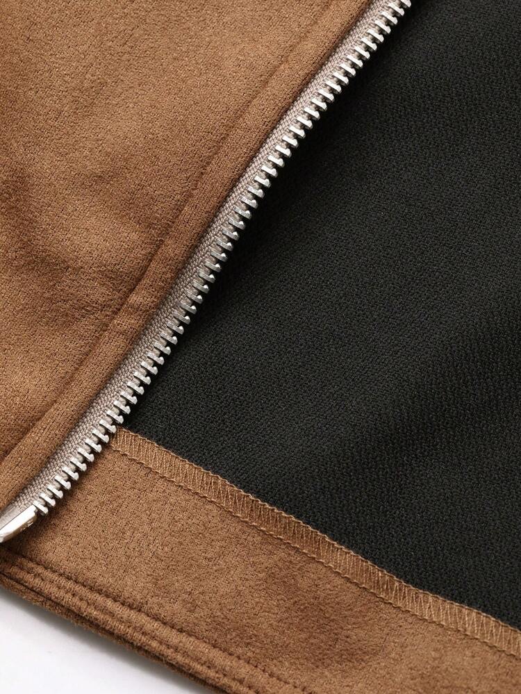 Women's Solid Color Loose Long Sleeve Stand Collar Metal Zipper Suede Jacket, Autumn Outerwear