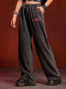 A Nightmare on Elm Street X ROMWE Women's Casual Fashion Street Letter Graphic Drawstring Waist Slant Pocket Loose Wide Leg Sweatpants - Black - View 8
