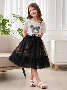 少女图案不对称领口 T 恤和豹纹网眼覆盖裙 - 彩色 - 查看 5