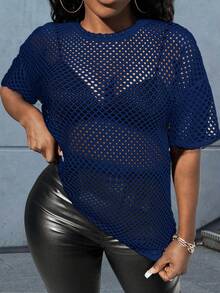 Slaydiva Music Festival Black Versatile Sexy Casual Loose Mesh Crochet Women's Short Sleeved T-Shirt Top - Navy Blue - View 4