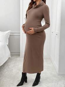 SHEIN Maternity Casual Commuter Solid Color Draped Neck Fitted Dress - Brown - View 3