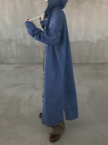 FRIFUL 女式秋季落肩长袖单排扣抽绳连帽长款牛仔夹克