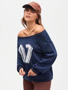 Streetz SHEIN Sport 女式休闲宽松数字印花落肩长袖运动衫 - 藏蓝色 - 查看 4