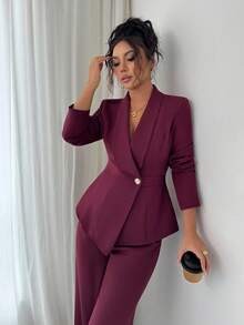 Elenzga 女士西装套装，西装面料，翻领，长袖，腰部收紧 A 字形不对称下摆，金属纽扣装饰，精致优雅，适合办公室、通勤、街头风格、法式浪漫、休闲、中东复古、下午茶、派对、感恩节、返校、秋冬