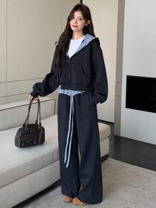 DAZY 女士宽松拉链连帽外套和裤子两件套运动服套装，女士休闲家居服套装 - 藏蓝色 - 查看 9