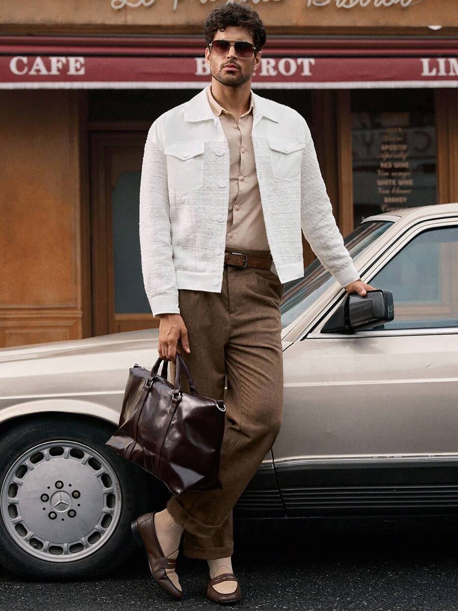 Manfinity VCAY Men's Casual Patchwork Collar Shacket, Fall, Winter - White - View 1