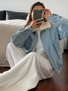 DAZY Áo khoác denim nữ dáng rộng, thoải mái, cổ lông xù, phối màu độc đáo, túi lớn, phong cách đường phố, lót giữ nhiệt, áo khoác nữ mùa thu/đông. - Rửa nhẹ - Xem 12