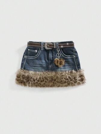 Kawaii Gonna mini a vita bassa con stampa leopardata, orlo sfrangiato e cintura, stile Y2K vintage, colore blu chiaro