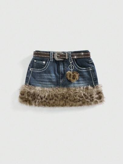 Kawaii Y2K Vintage Leopard Print Frayed Hem Decor Women's Mini Low-Waist Skirt With Belt, Light Blue
