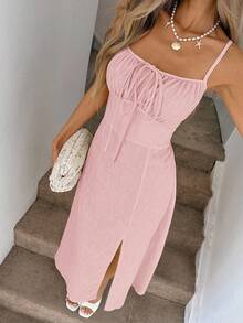 Easowa Ruched Neckline Tie Cinched Waist A-Line High Slit Spring/Summer Light Yellow Spaghetti Strap Midi Dress, Textured Jacquard Fabric, Casual Vacation Elegant Streetwear Pink Dress Maxi Dress Summer Dress Casual Long Dress Vacation Dress