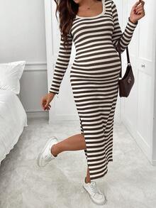 SHEIN 孕妇条纹圆领长袖侧开衩下摆修身休闲连衣裙