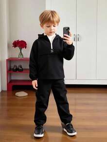 SHEIN Young Boy 2pcs Spring/Summer Lightweight Suit, Minimalist Hooded Long Sleeve Top With Drawstring Ankle Sports Pants, Fashionable Casual Two Pieces Set Fall Winter