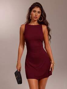 SHEIN Forever 21 女式纯色修身休闲无袖迷你连衣裙 - 酒紅色 - 查看 5