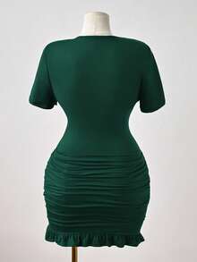 Sunspun 大码女式纯色性感V领系带褶饰腰部镂空紧身连衣裙 - 綠色 - 查看 2