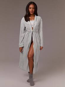 Athîral Women's Striped Long Sleeve Casual Robe Sleepwear - Light Grey - View 4