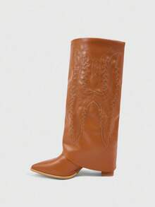 CUCCOO SZL Women's Pointed Toe Chunky Heel Western Tall Boots - Camel - View 4