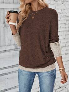 EMERY ROSE 女士休闲撞色拼布二合一 T 恤，秋季图案 T 恤女上衣 - 咖啡棕 - 查看 3