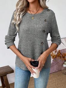 SHEIN LUNE Wish European & American Button Slit Ribbed Knit Crew Neck Long Sleeve Top - Grey - View 5