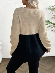 SHEIN Maternity Women's Colorblock V-Neck Long Sleeve Drawstring Waist Sweater, Autumn/Winter - Khaki - View 2