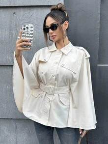 SHEIN ICON Women's Hooded Cape, Cute & Versatile Long Sleeve Windbreaker In Fall/Winter - Khaki - View 5